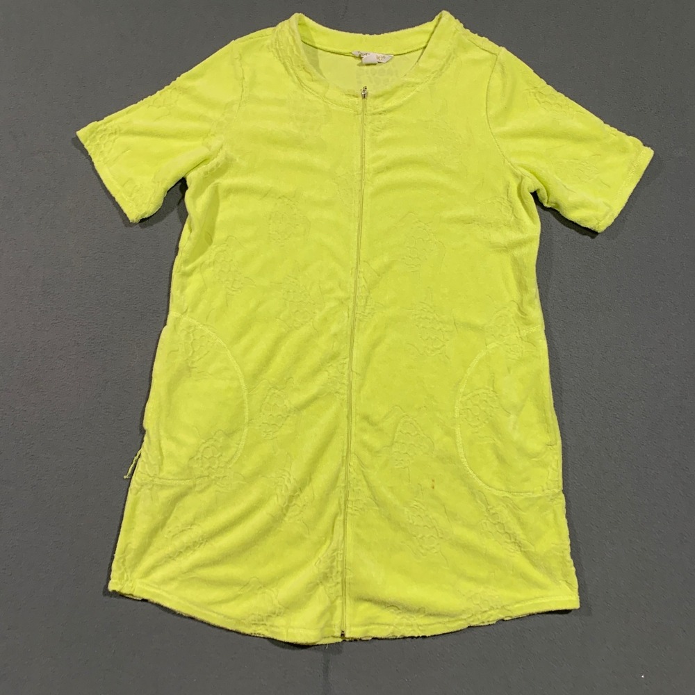 Paradise Bay Womens Medium Chartreuse Green Terry Cloth Sea Turtle Zip Cover Up